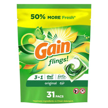 Green laundry detergent pacs bag with yellow header and Gain flings label