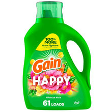 Happy scent liquid laundry detergent jug, green bottle with Gain Happy label, 61 loads