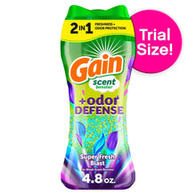 Gain odor defense 2-in-1 laundry scent booster beads, green bottle with purple accents
