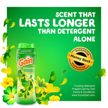 Gain Fireworks scent booster beads bottle with floral accents and money-back guarantee badge