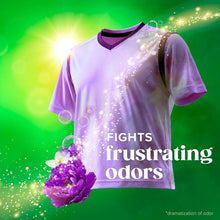 Purple T-shirt with bubbles and text about fighting odors, Gain scent theme