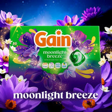Laundry detergent pacs box with purple flower graphics and Gain moonlight breeze