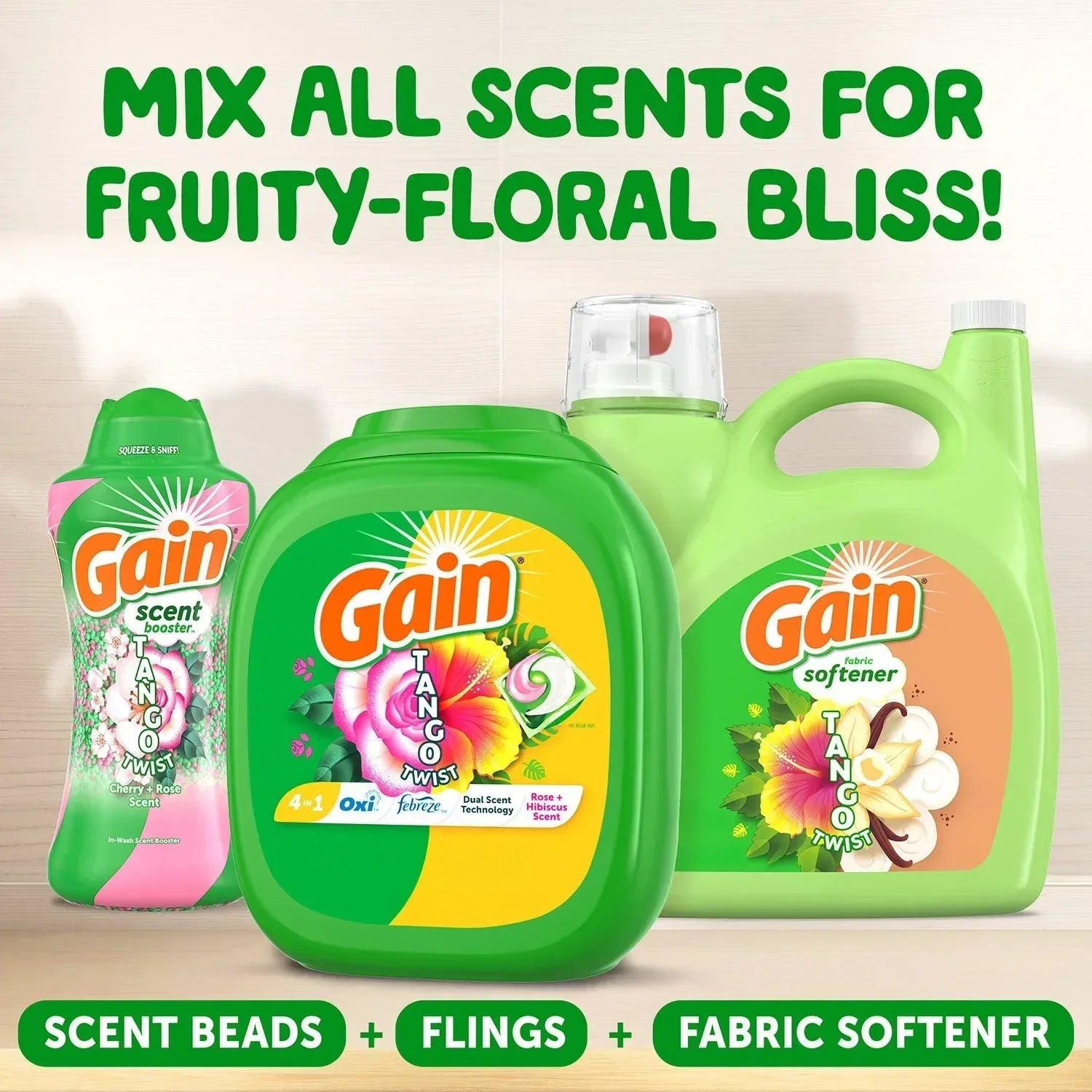 Gain Flings Tango Twist Laundry Detergent Pacs, Rose + Hibiscus Scent, 108 ct.