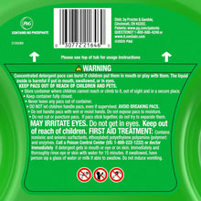 Green laundry detergent pacs container back label with barcode and warning icons