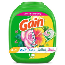 Green laundry detergent pacs container with Rose + Hibiscus floral artwork, 108-count