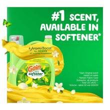 Liquid fabric softener bottle with yellow flowers and scent-availability graphic