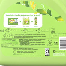 Liquid fabric softener bottle back label with usage and ingredients information panel