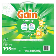 Gain original powder laundry detergent box front, green with 195 loads and 180 oz label