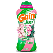 Laundry scent booster beads bottle in green and pink with cherry + rose scent graphic