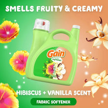 Gain fabric softener bottle with hibiscus and vanilla scent, fruity floral graphic