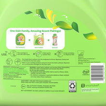 Gain fabric softener bottle back label with usage, ingredients, and recycling icons