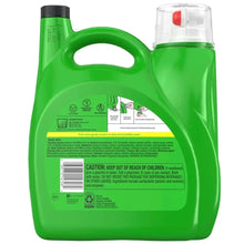 Green liquid laundry detergent jug back label with barcode and instructions