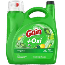 Green liquid laundry detergent jug with handle and cap, front label
