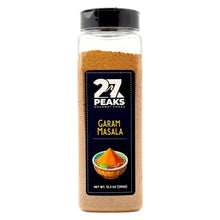 Garam masala spice bottle, clear jar with black cap and front label