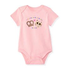 Pink short-sleeve baby bodysuit with animal face graphic and snap bottom