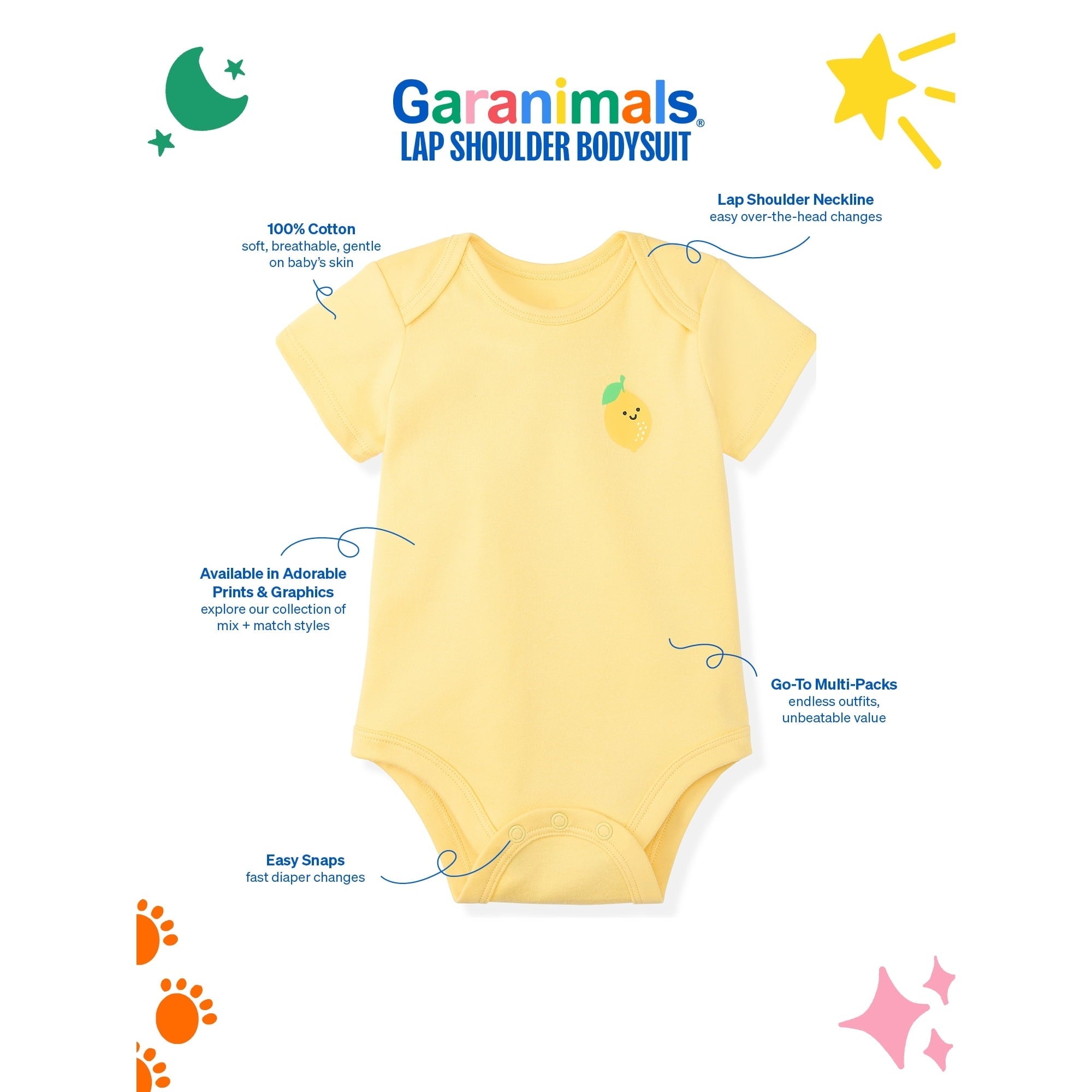 Garanimals Newborn Baby Boy, Girl & Unisex Cotton Short Sleeve Bodysuits, Multiple Sizes 0–24 Months, 4-Pack