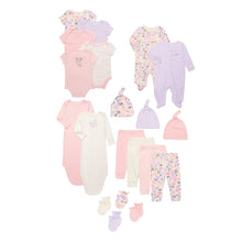 Newborn cotton gift set with floral and solid bodysuits, sleepers, hats, and socks