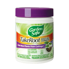 Rooting hormone powder jar with purple lid and Garden Safe TakeRoot label