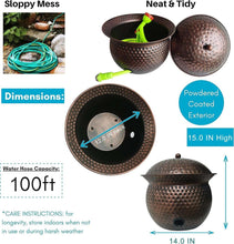 Copper hammered hose storage pot with lid, drainage opening, and hose connection