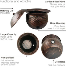 Copper hammered hose storage pot with lid and hose opening port