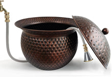 Copper hammered hose storage pot with lid and brass hose spout fitting