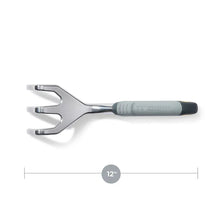 Metal 3-tine garden fork tool with gray handle, 12-inch length