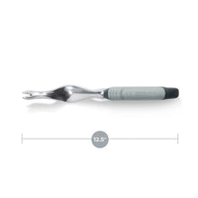 Stainless steel dual-prong garden tool with gray handle, 12.5-inch length
