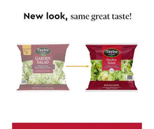 Garden salad pouch, front view, shown alongside an alternate package design