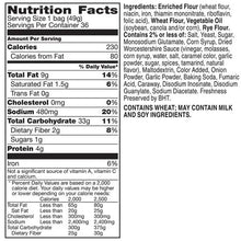 Nutrition Facts panel with ingredients and calorie details for snack mix serving bag