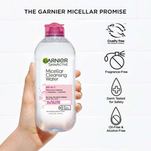 Micellar cleansing water bottle held in hand with skincare benefit icons
