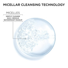 Micellar cleansing water droplet graphic with bubbles labeled micelles