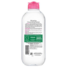 Micellar cleansing water bottle back view with green and black info labels