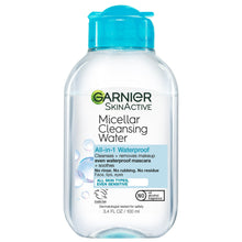 Micellar cleansing water bottle with blue cap and front label
