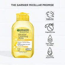 Micellar cleansing water bottle with Vitamin C and icons for fragrance-free and cruelty-free