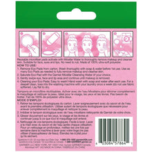 Micellar cleansing eco pads back panel with directions, small icons, and barcode