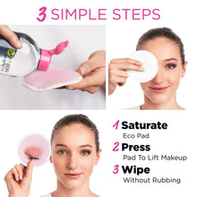 Micellar cleansing eco pad being pressed against the face, makeup-removal steps shown