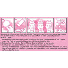 Micellar cleansing eco pad usage instructions with step icons and face diagram