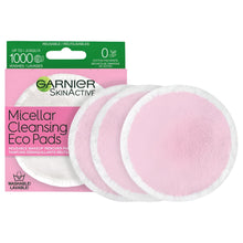Micellar cleansing eco pads set with three round white pads and a pink center