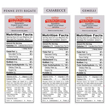 Garofalo organic pasta nutrition facts panels for three varieties