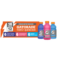 Gatorade Thirst Quencher 18-pack carton with grape, strawberry, and berry bottles