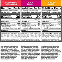 Nutrition facts panels for hydration booster packets: strawberry watermelon, citrus berry, tropical mango.