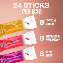 Hydration booster stick bag with flavor sticks: tropical mango, strawberry watermelon, citrus berry.