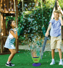 Green-and-purple bubble blower toy with wide base for backyard bubble play.