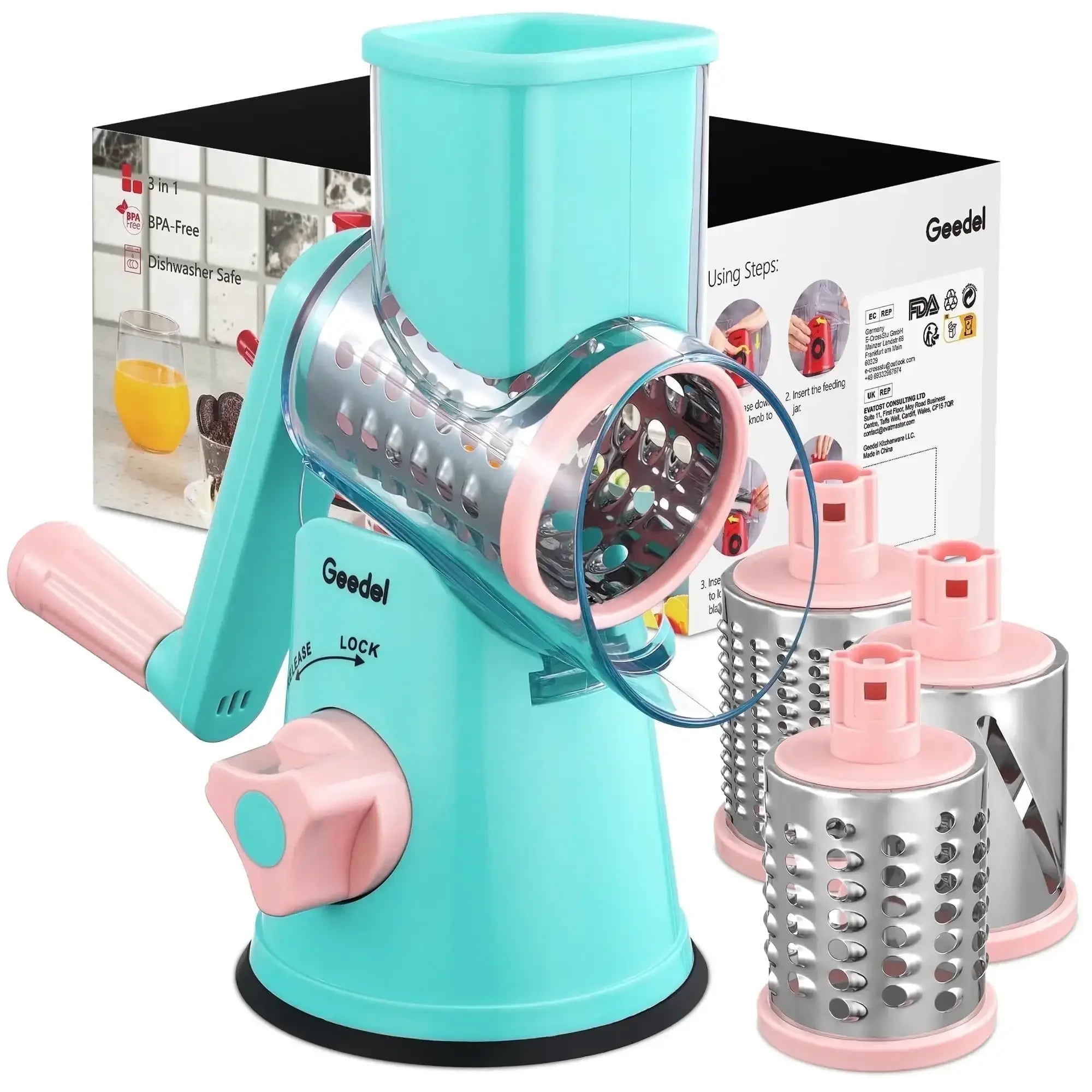 Geedel Rotary Cheese Grater, Kitchen Grater Vegetable Slicer with 3 Interchangeable Blades, Powerful Suction, Dishwasher Safe, Easy to Clean Grater for Vegetable, Fruit, Nuts - USA MEGA SHOP