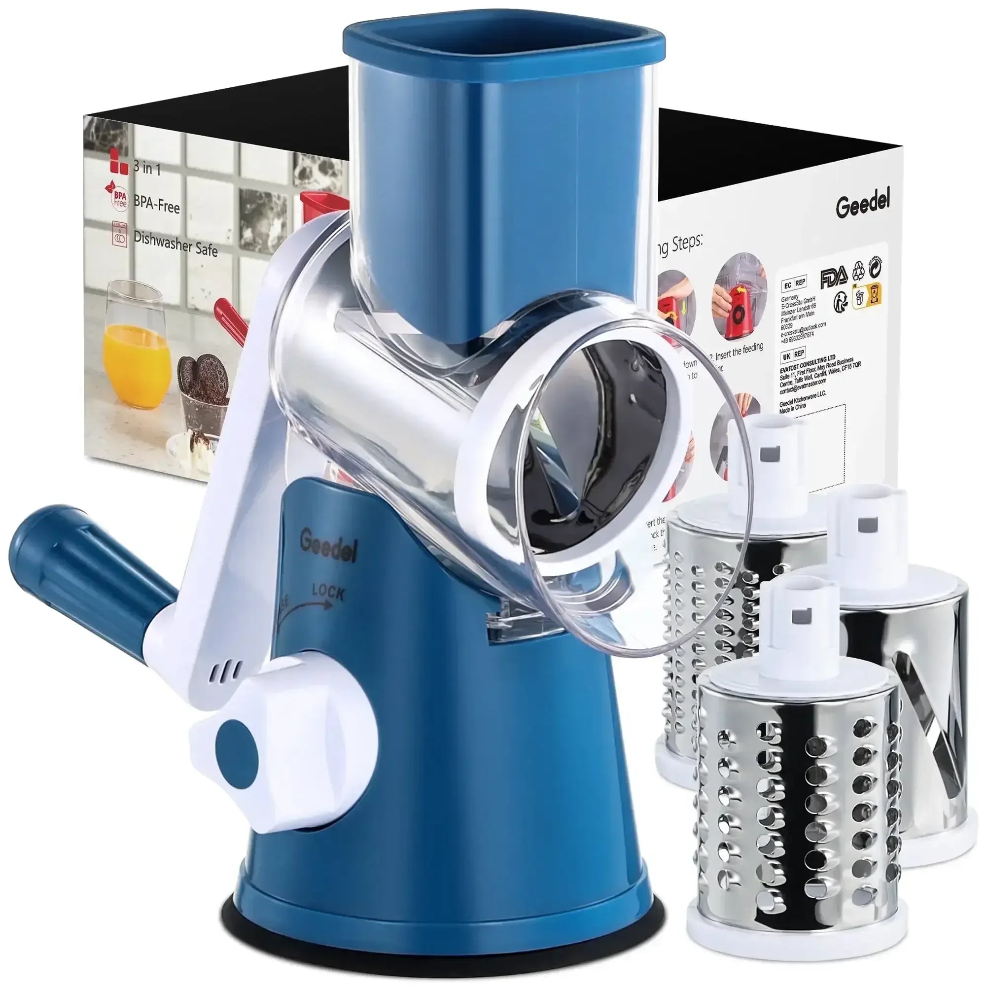 Geedel Rotary Cheese Grater, Kitchen Grater Vegetable Slicer with 3 Interchangeable Blades, Powerful Suction, Dishwasher Safe, Easy to Clean Grater for Vegetable, Fruit, Nuts