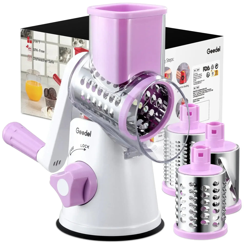 Geedel Rotary Cheese Grater, Kitchen Grater Vegetable Slicer with 3 Interchangeable Blades, Powerful Suction, Dishwasher Safe, Easy to Clean Grater for Vegetable, Fruit, Nuts - USA MEGA SHOP