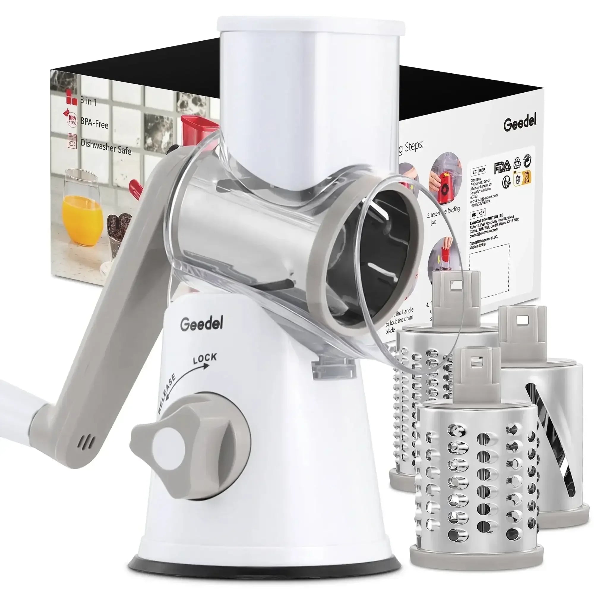Geedel Rotary Cheese Grater, Kitchen Grater Vegetable Slicer with 3 Interchangeable Blades, Powerful Suction, Dishwasher Safe, Easy to Clean Grater for Vegetable, Fruit, Nuts - USA MEGA SHOP