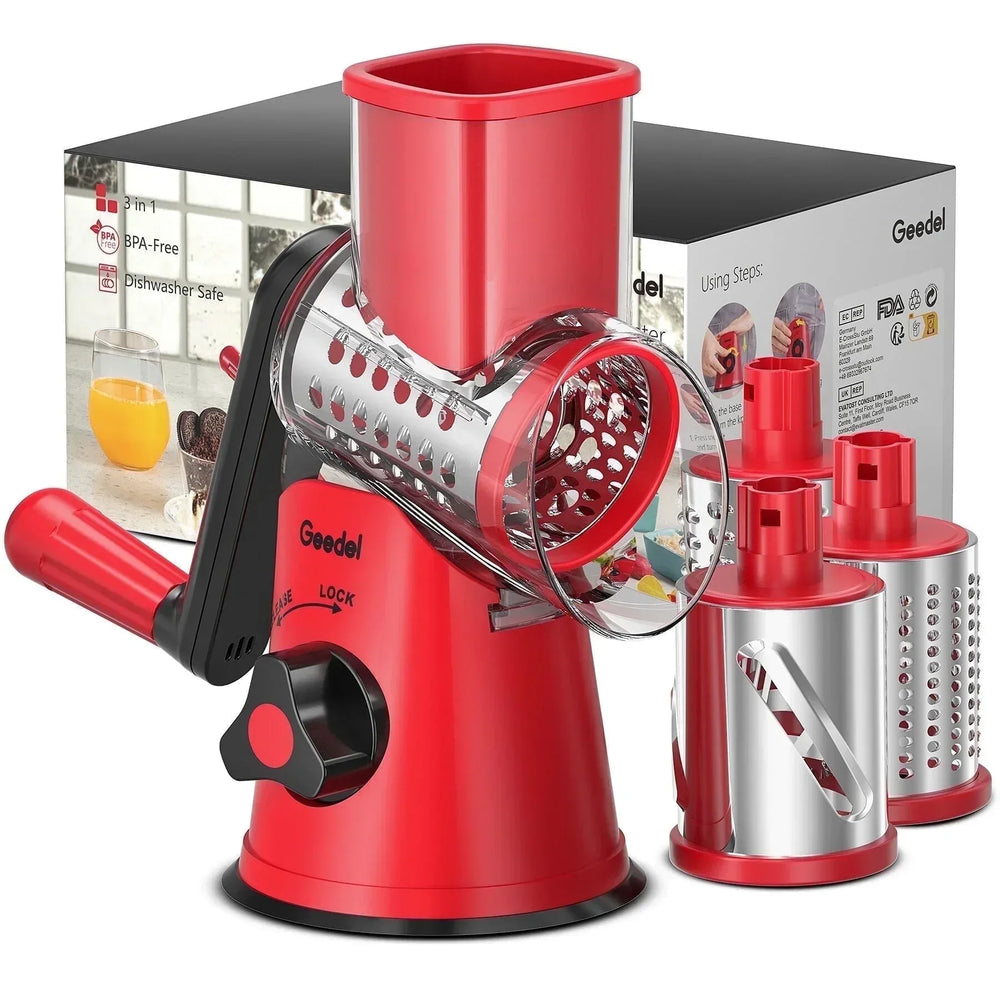 Geedel Rotary Cheese Grater, Kitchen Grater Vegetable Slicer with 3 Interchangeable Blades, Powerful Suction, Dishwasher Safe, Easy to Clean Grater for Vegetable, Fruit, Nuts - USA MEGA SHOP