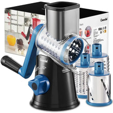 Rotary cheese grater in blue and black with silver drum and suction base