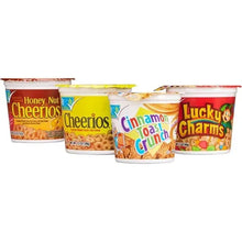 Four cereal cups with assorted flavors, including Honey Nut Cheerios and Cinnamon Toast Crunch